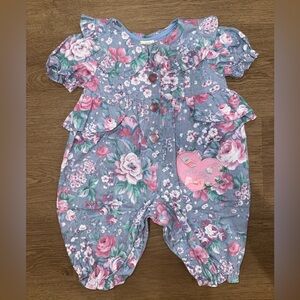 Vintage Floral Baby Girl Blue and Pink Romper-3-6Months Heart Accents